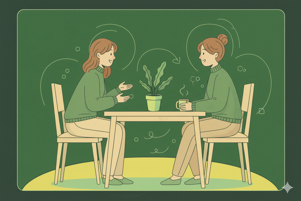 Two people having a counselling session at a table with a plant, representing integrated counselling