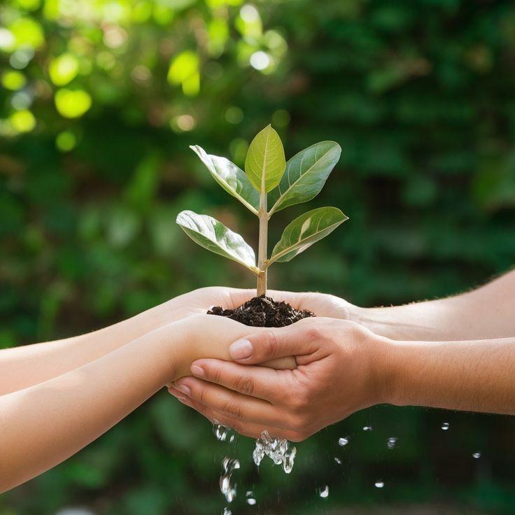 Two hands with different skin tones gently nurturing a green seedling together, representing compassionate healing and mutual care
