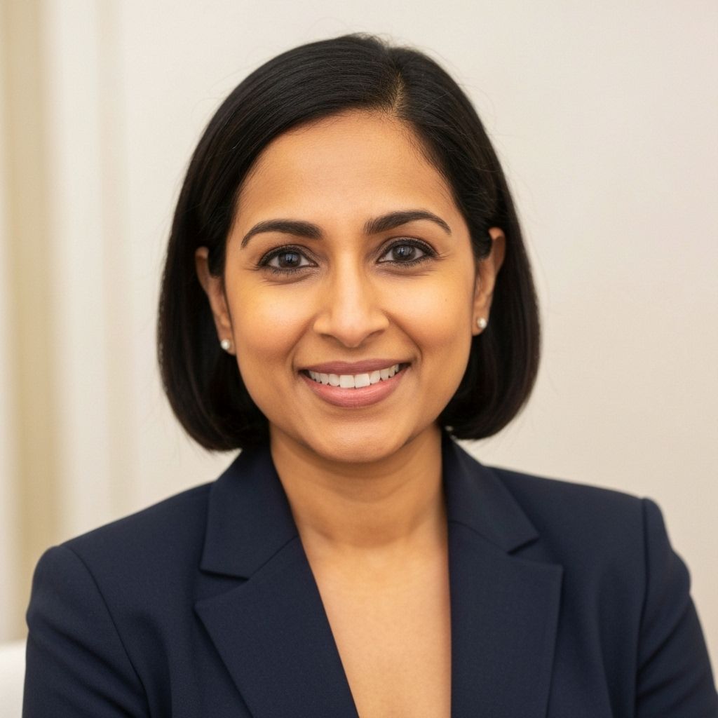 Professional South Asian female therapist with warm smile