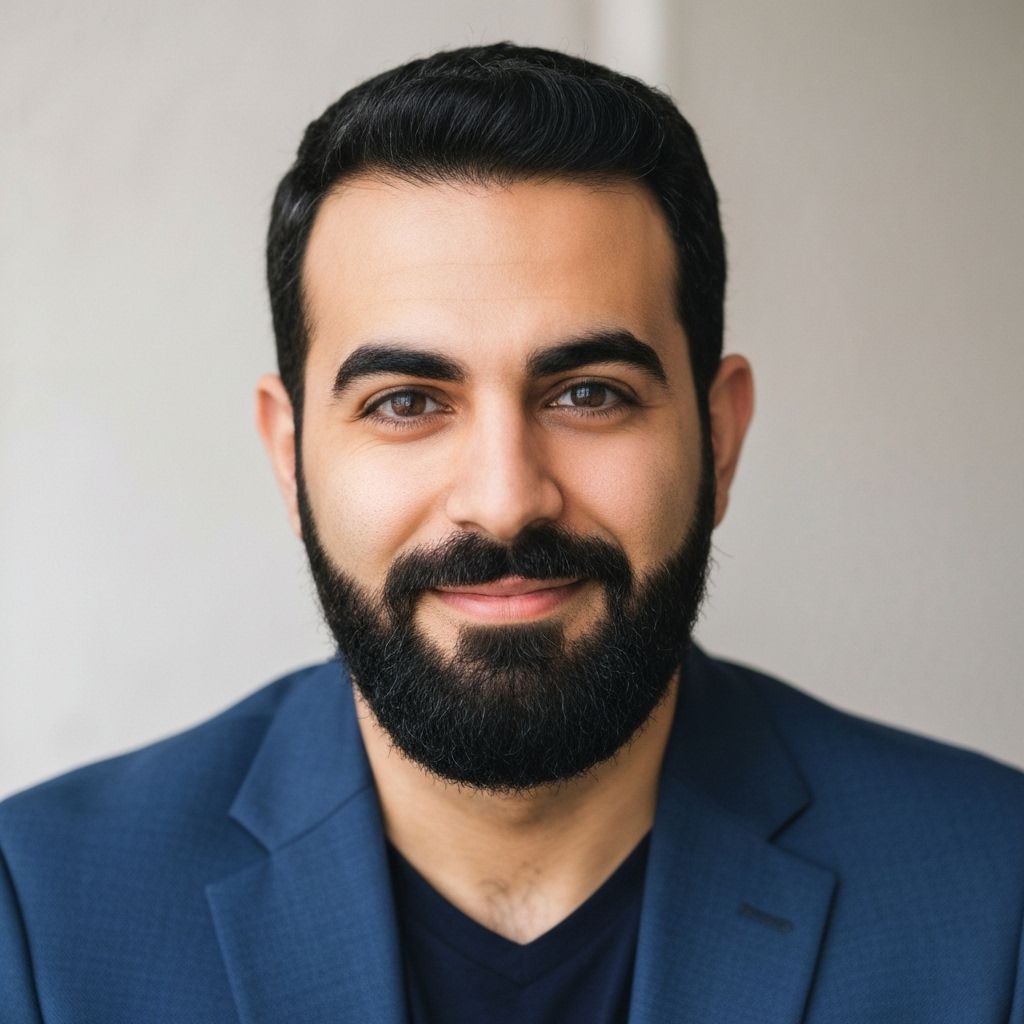 Professional Middle Eastern male therapist with kind expression